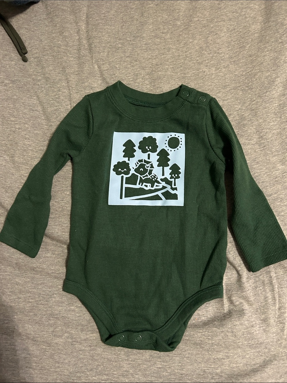 Garanimals Dark Green Ribbed Long Sleeve Bodysuit with Light Blue Forest Print